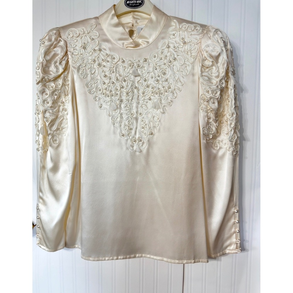 Madeleine Vintage 100% Silk Blouse Cream Pearl Embroidered Mock Neck‎ Top 12